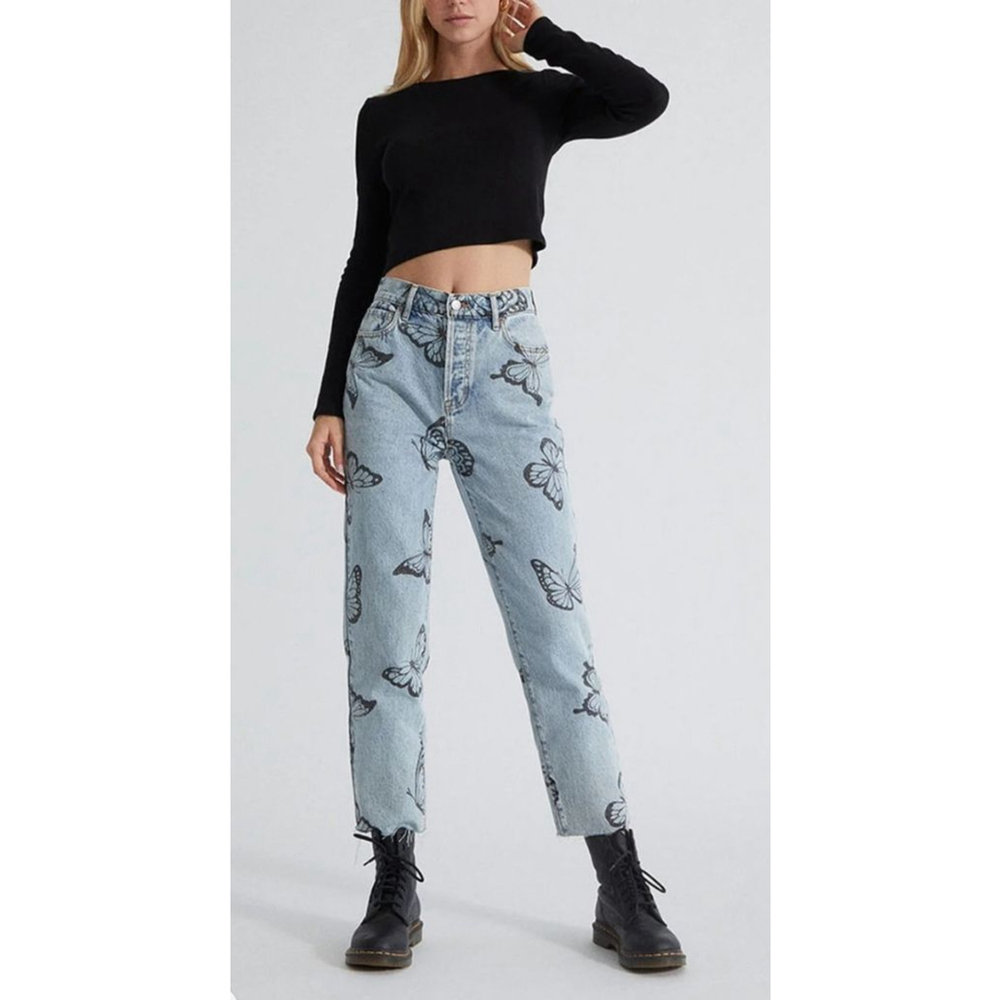 Pacsun High Rise Straight Leg Fringe Butterfly Jeans Women's Size 26